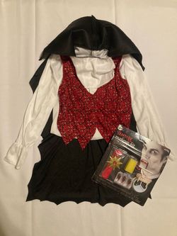 Boys Vampire Costume Top & Vest With Attached Cape Size 7/8 Medium and Vampire Makeup Kit