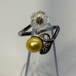 Yellow Pearl Ring With Flower, Sterling Silver And Adjustable 