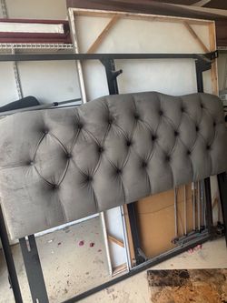 Queen size gray soft fabric headboard with bedframe