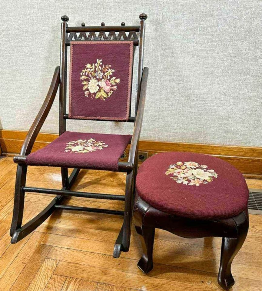 Antique Victorian Folding Mahogany Rocker Chair And Foot Stool