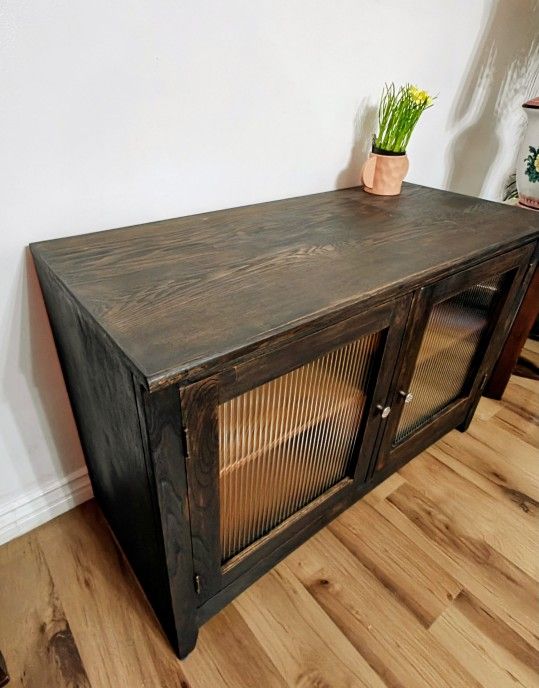 Rustic Dark Brown Oak Long Dresser TV Television Entertainment Media Console Stand Shelves Frosted Glass Cabinets