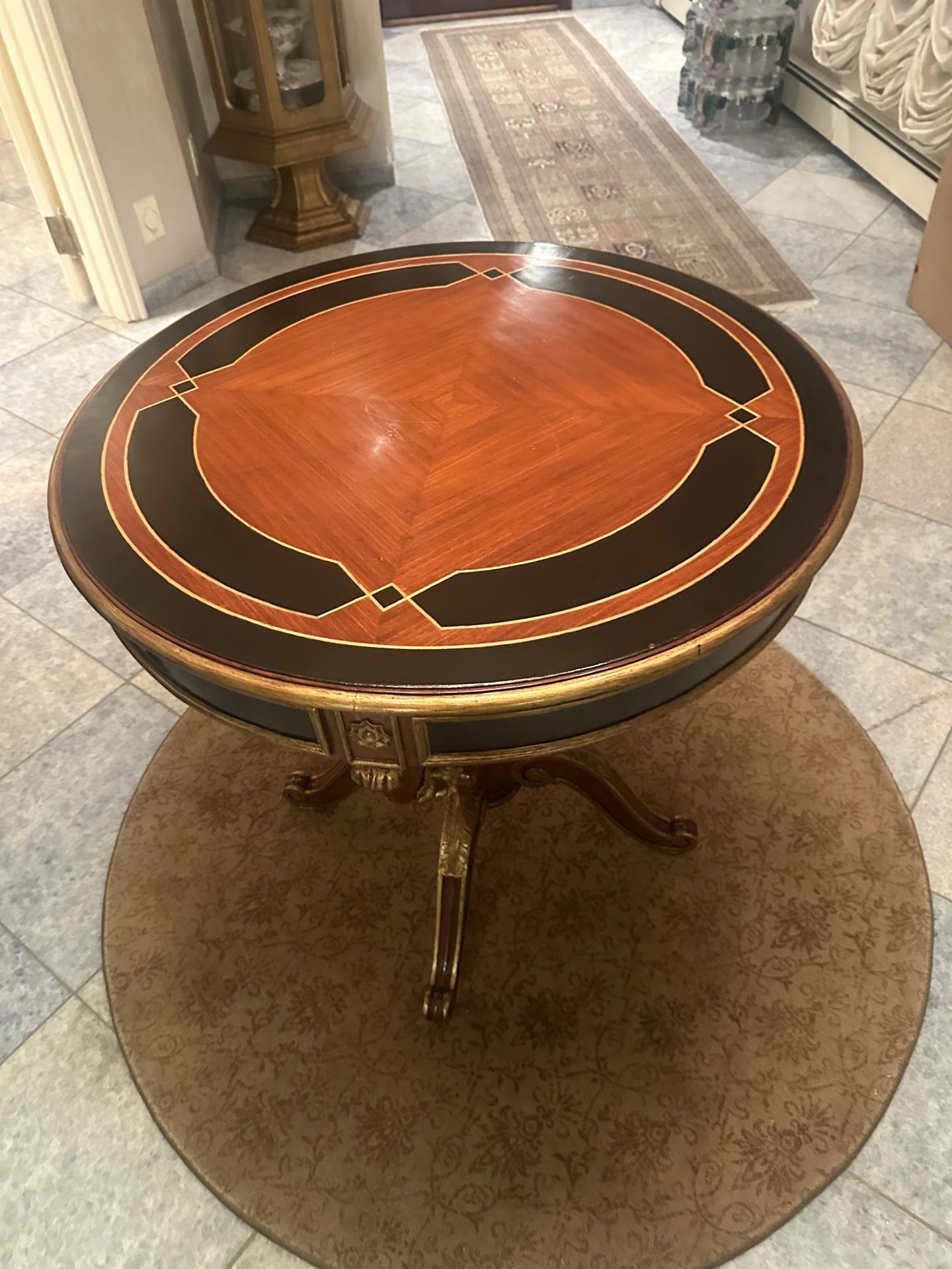 Antique Napoleon III-style marquetry gueridon or center table with gilded brass ornaments