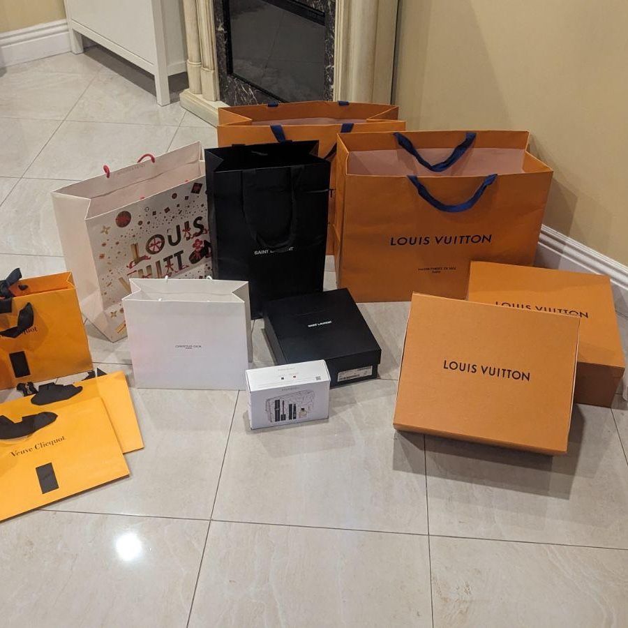 Louis Vuitton, Yves Saint Laurent, Christian Dior, Veuve Clicquot, Christian Dior, Empty Original Boxes Of Various Sizes