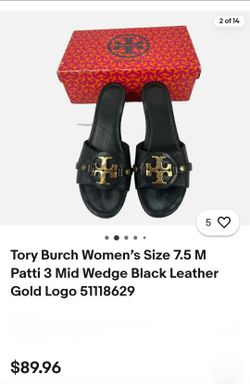 Tory Burch Women’s Size 7.5 M Patti 3 Mid Wedge Black Leather Gold Logo 51118629