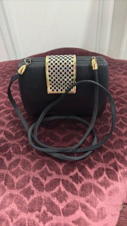 Black Satin Looking Evening Shoulder Bag.  Rhinestone Closure. 