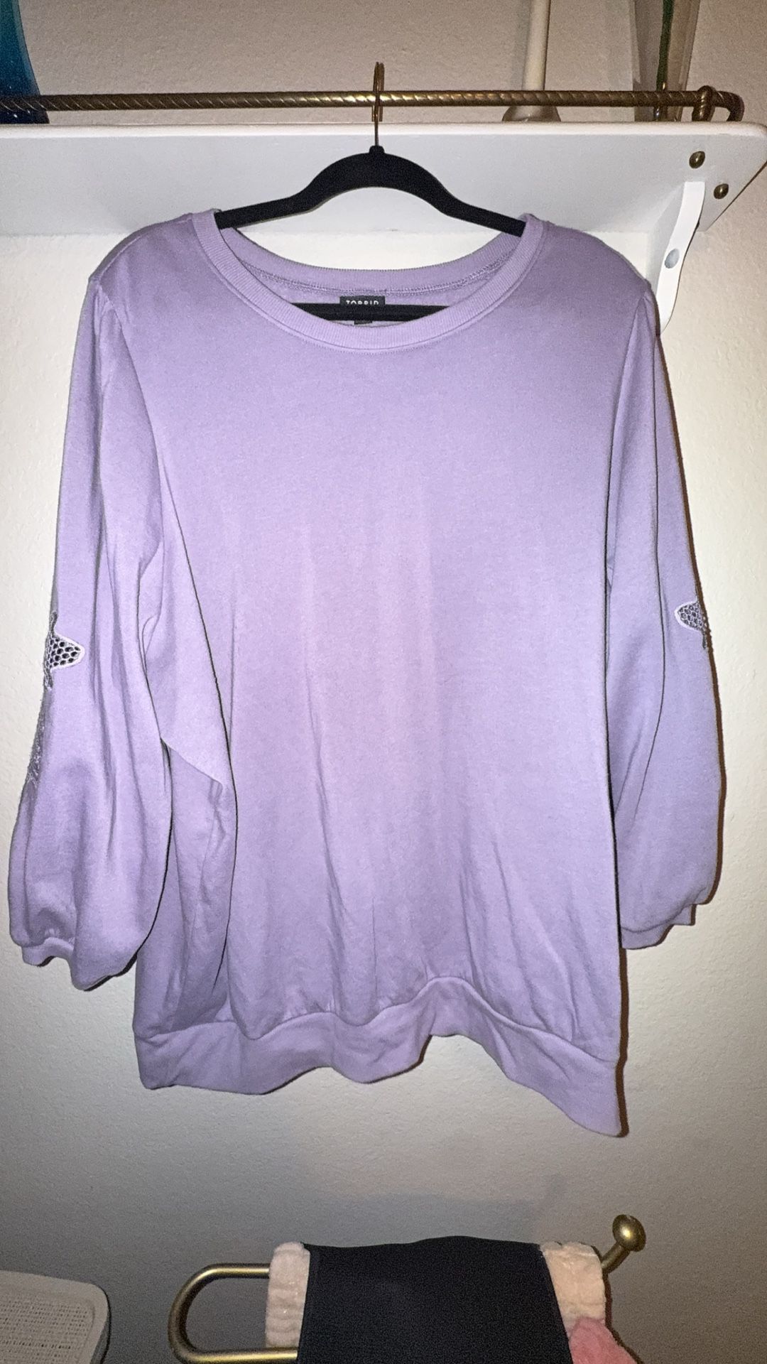 Torrid Cozy Purple Fleece Crew Neck Crochet Sleeve Sweatshirt