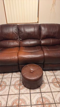 Brown Leather Sofa with Ottoman