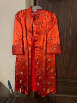 Red Satin Chinese Brocade Robe Coat