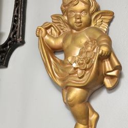 Vintage Midcentury Chalk Angel GOLDEN knick Knack Wall Hanging 