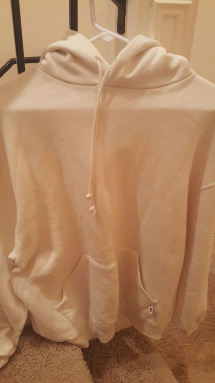 Clean Russell Athletics cream colored hooded sweatshirt size Large