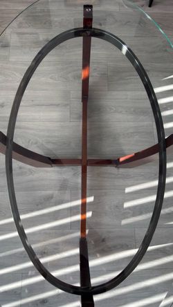 Modern Oval Glass Coffee Table w/ Wood & Metal Base