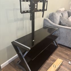 Tv Mount Stand,  3 Shelves Have Temp Removable Glass Tops