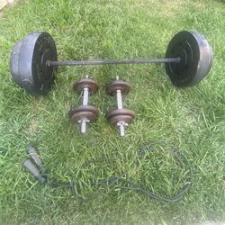  Weight Set – Barbell, Plates, Adjustable Dumbbells + Jump Rope 