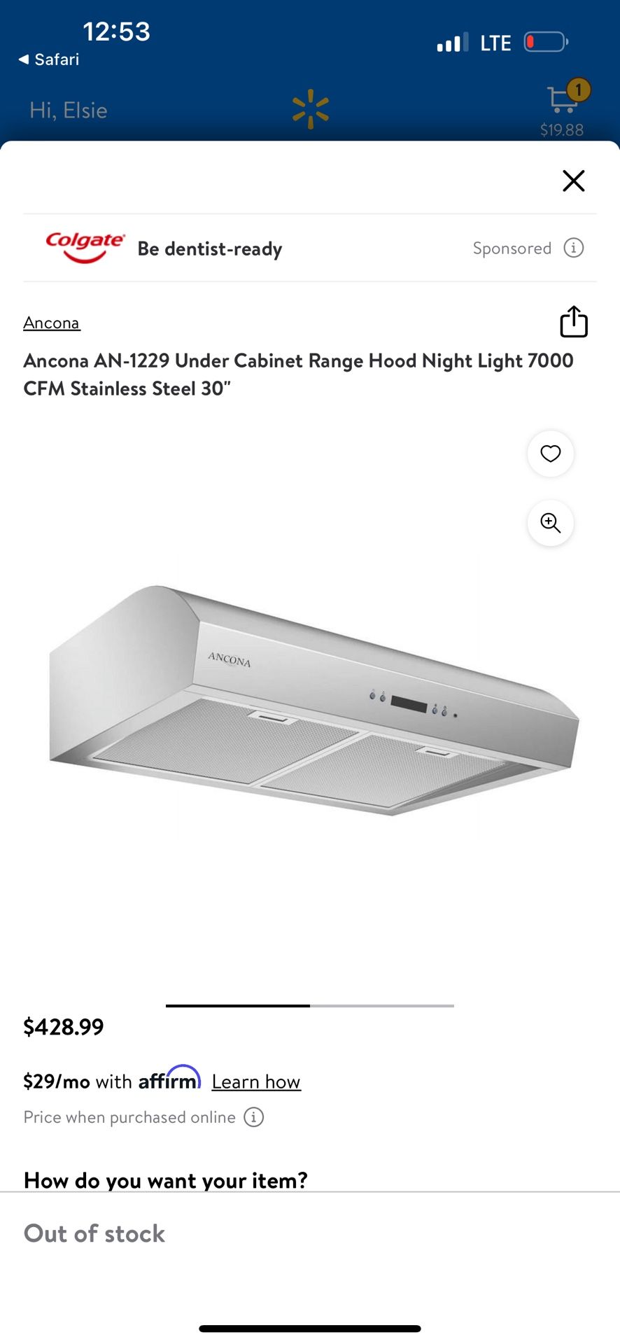 Ancona AN-1229 Under Cabinet Range Hood Night Light 7000 CFM Stainless Steel 30"