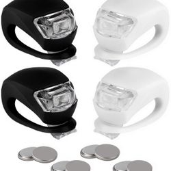 BLINK4 Mini Silicone Strap ON LED Bike Light - 8 Extra Batteries - 4 Lights - 2 Front & Rear Bike Light Set - Black & White