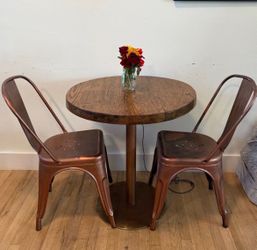 Bistro Table Solid Wood top & Copper finish pedaatal & chairs