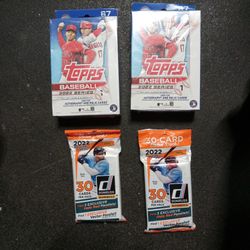 $35.00  TWO BOXES OF TOPPS BASEBALL SERIES ONE 2022 &TWO PACKS OF PANINI DONRUSSUSS BASEBALL 30 CARDS IN EACH PACK. 