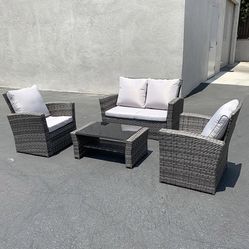 Brand New $295 Outdoor 4pcs Patio Wicker Set, Rattan Sofa Loveseat 48x26”, Armest Chair 29x26”,  Table 34x20” 