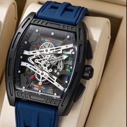 Brand New Men’s Blue skeleton style face watch