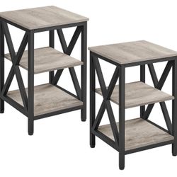 Industrial End Tables Set of 2, 3-Tier Side Tables with Storage Shelves for Living Room, X Design Sofa Tables, Strong Metal Frame, Easy Assembly, 16x1