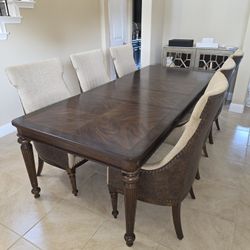 Solid Hardwood Dining Table And 6 Leather And Cloth Chairs