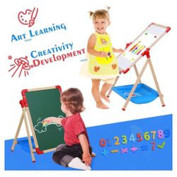Art Easel for Kids Magnetic Wooden Double Sided Standing Toddlers Chalkboard 360° Rotating Easel