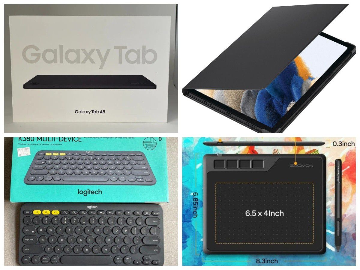 LOW PRICE TODAY ONLY SAMSUNG A8 TABLET, CASE,  WIRELESS KEYBOARD, & GRAPHIC TABLET BUNDLE 