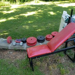 Weight bench and all weights shown plus weightbar. Make reasonable offer