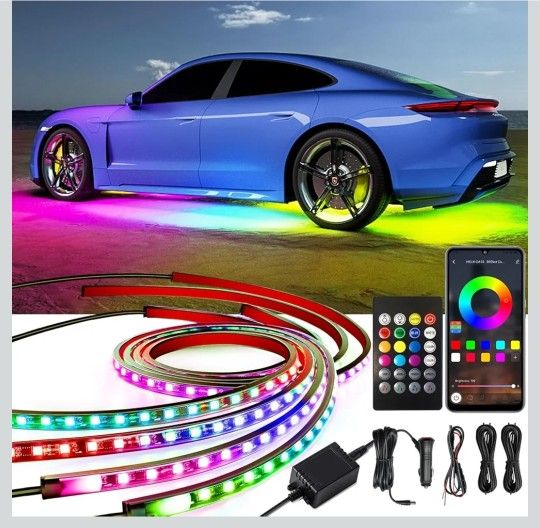 Underglow Car Lights, 4 pcs RGB-IC Smart LED Lights with APP and Remote Control, 16 Million Colors DIY Sound Active Function Music Mode, Underglow Kit