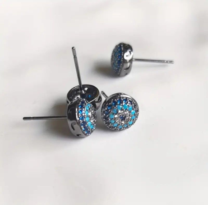 Exquisite Micro Pave Gun Black Rhodium Plated Turquoise Blue Cubic Zirconia 9mm Unisex Stud Earrings 