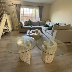 Vintage Postmodern Tesselated Mactan Stone and Glass Side Tables from 1980’s