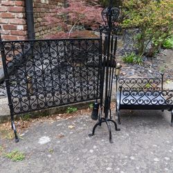 Antique Wrought Iron Fireplace Screen/Tools/Basket