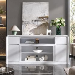 70" White Modern TV Stand for TVs Up to 80 inch, 32" Tall Entertainment Center.