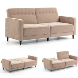 80" L Futon Sofa Bed, 3-in-1 Adjustable Futon Bed for Sitting or Reclining, Suitable for Living Room, Studies and Small Space, Linen Fabric, Beige
80"