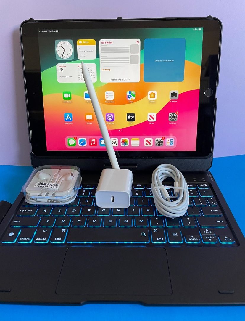 Apple IPad 9th Generation (10.2” Retina /Touch ID /IOS 18/ 2021 Model) 64GB with Pen, Keyboard  & Accessories 