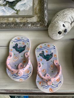 Ceramic flip flops ready to hang
