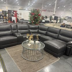 6Pc Power Reclining Sectional - Top Grain Leather starry Grey  