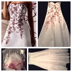 Silk A Line Wedding Dress White Red Lace Beading Crystal's Sleeveless Size 8
