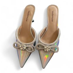 Silver Pointed-Toe Mules with Bow Detail SIZE 8 NEW- NEVER WORN