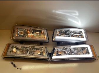 2003-2007 CHEVY SILVERADO AVALANCHE CHROME LED BAR HALOGEN HEADLIGHT SET WITH AMBER SIDE MARKERS