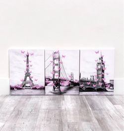 3Pcs Pink & Grey London Big Ben, Paris Eiffel Tower & Golden Gate Bridge Wall Art 💕Please Read Description