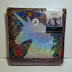 Rainbow/Silver Reversible Flip Sequin Collapsible Storage Ottoman