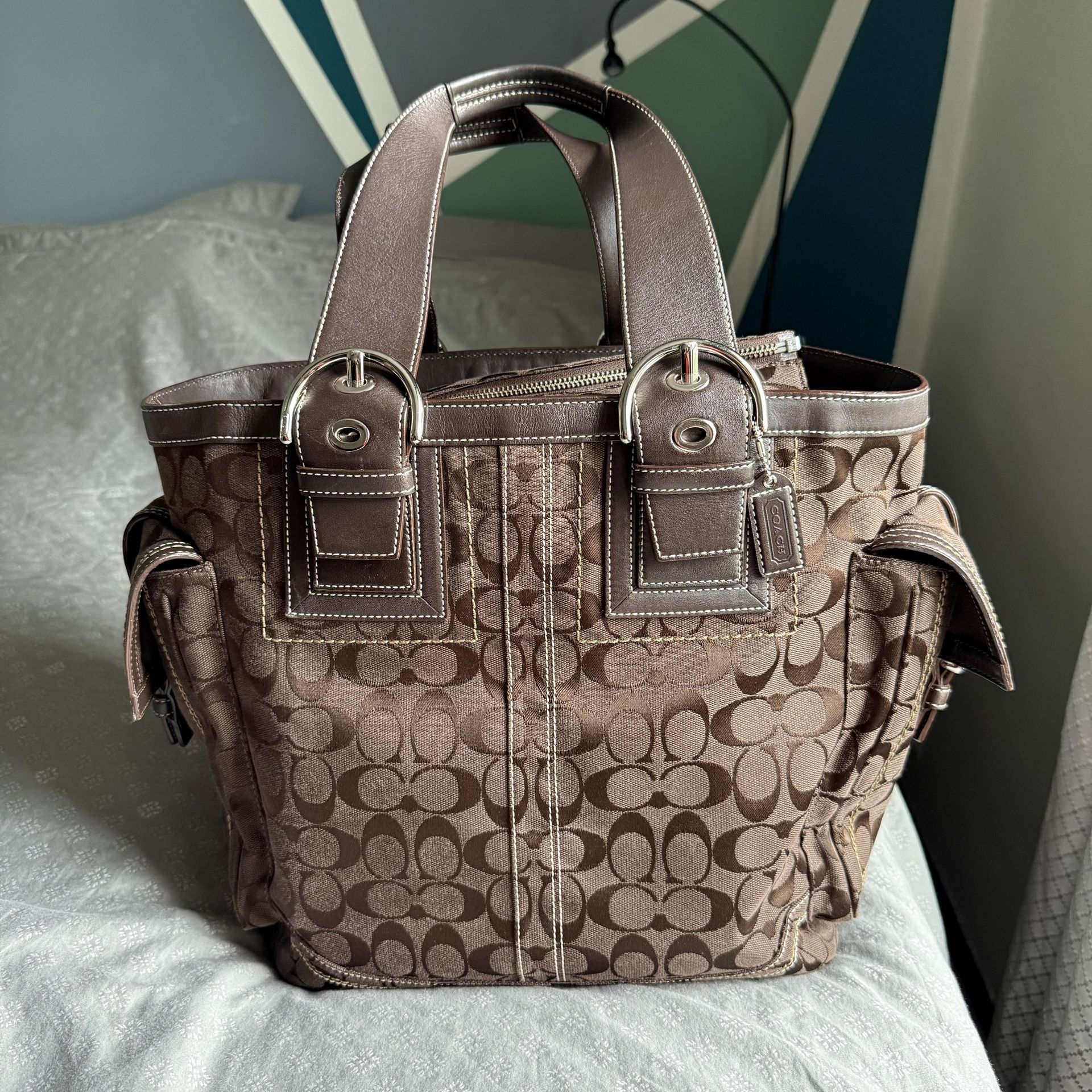 Coach Signature Canvas Carryall Tote Bag with Leather Trim