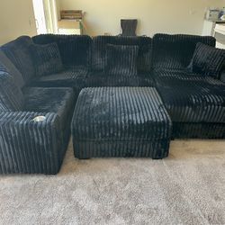 Black Sectional Sofa With Soft Fur Like Corduroy Fabric