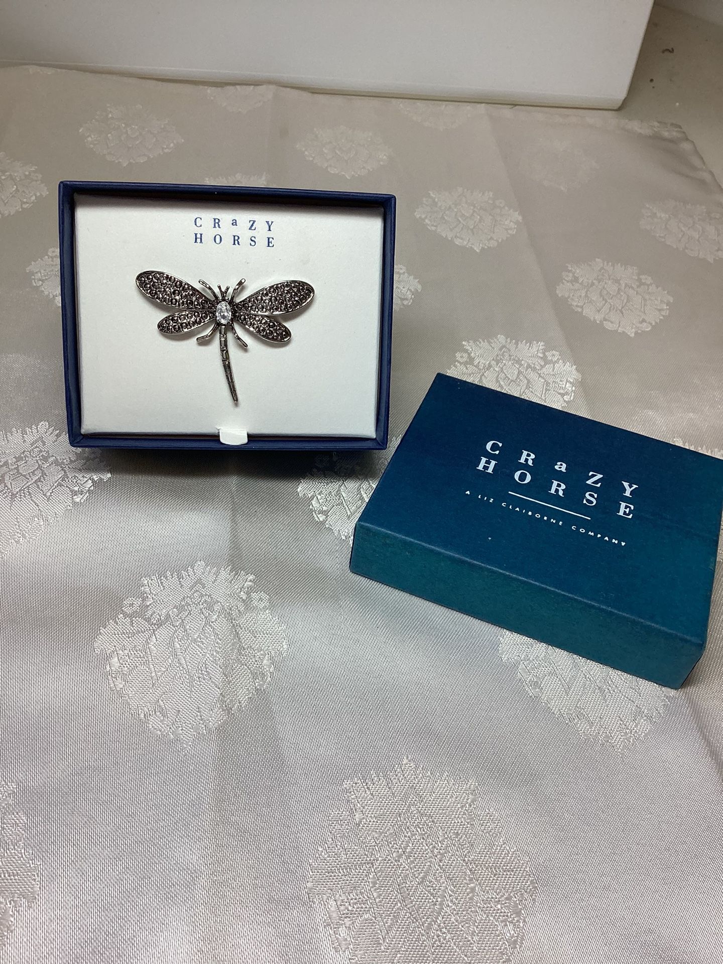 Vintage New Liz Clairborne Crazy Horse Dragonfly Brooch With Box