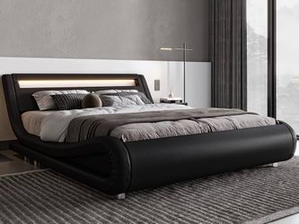 King Size LED Platform Bed Frame with Adjustable Headboard, Black Low Profile Sleigh Design, Upholstered Faux Leather, Strong Wood Slats Support, Mode