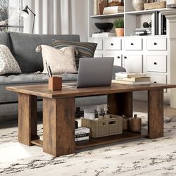NEW! 2-Tier Coffee Table, Modern Rectangular Center Cocktail Table with 5 Support Legs, Wooden Accent Living Room Furniture, Small Coffee Table