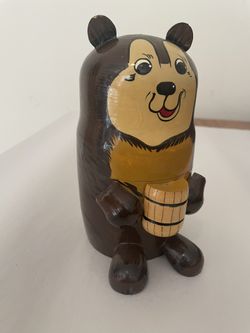 Vintage Hand Painted Wooden Bear Money Bank with Honey Barrel Coin Piggy Bank