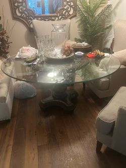 Round Glass Top Dining Table with Carved Wood Base