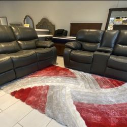 Madrid, Gray Leather, Reclining Sofa And Loveseat Only $899 For Both Pieces. Easy Finance. Same-Day Delivery.